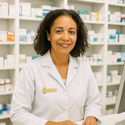 Illustration d'une pharmacienne au comptoir de la pharmacie.