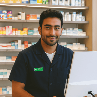 Illustration d'un pharmacien au comptoir de la pharmacie.