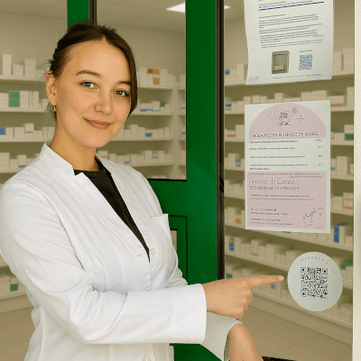 Illustration d'une pharmacienne qui montre le QR Code avec sa main.